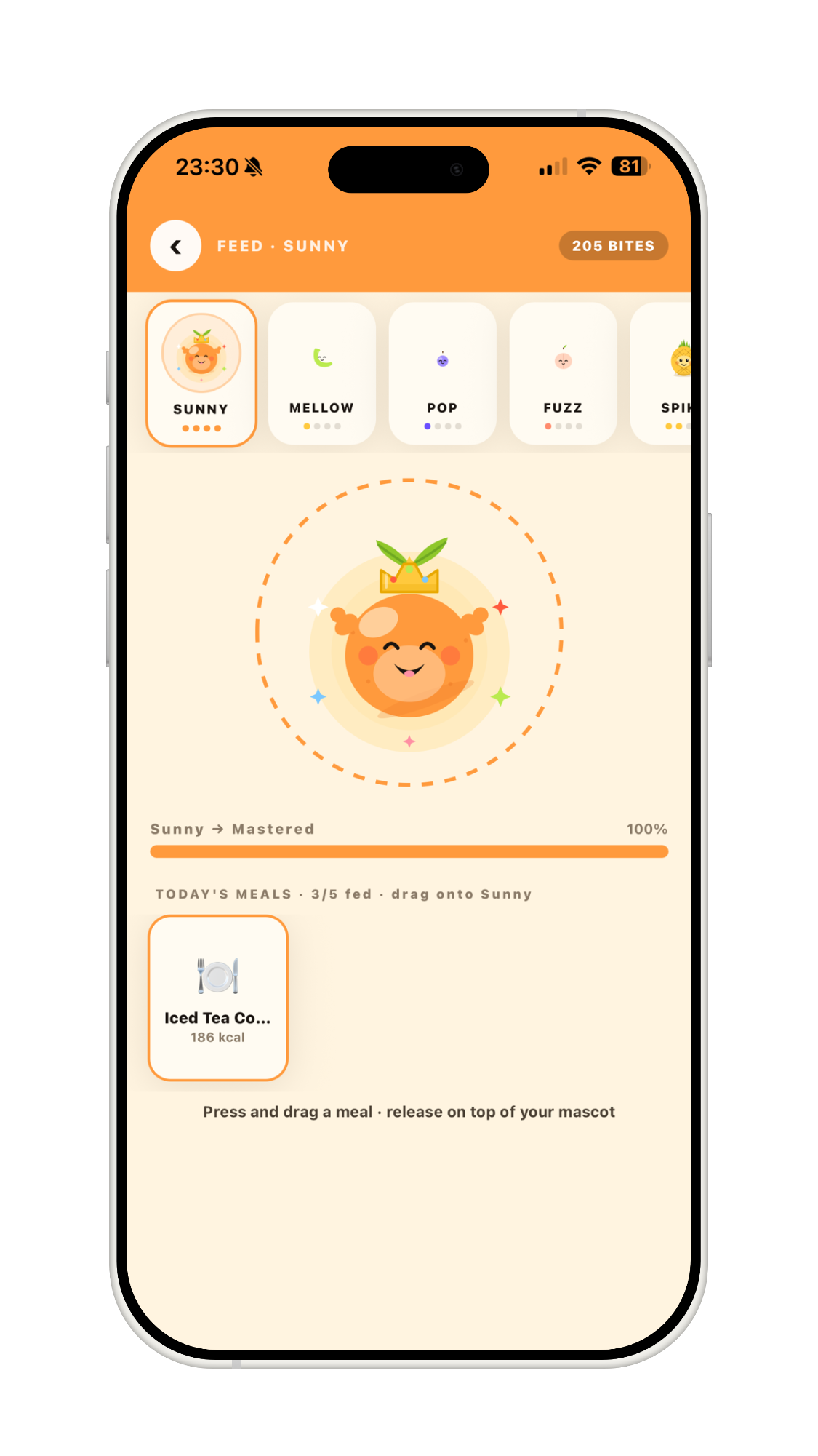 Feed your mascot drag-and-drop screen