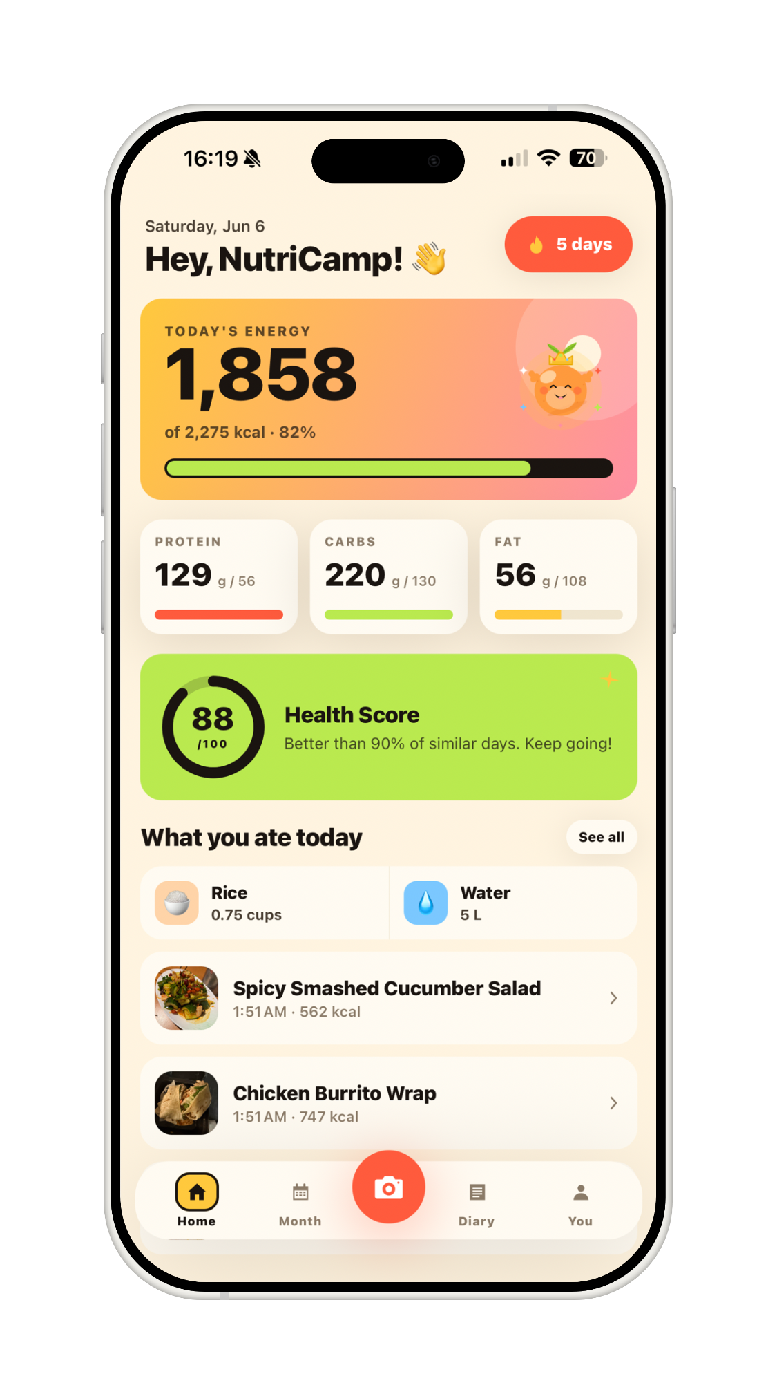 NutriCamp home dashboard
