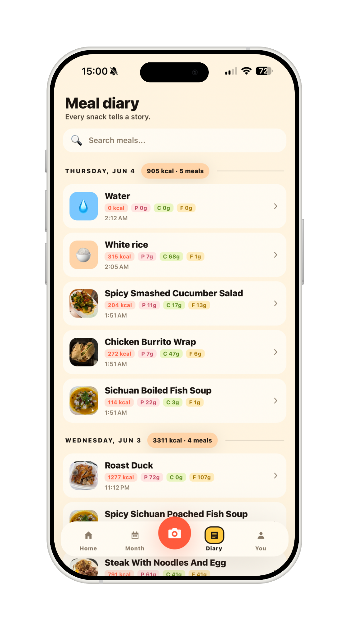 NutriCamp meal diary list
