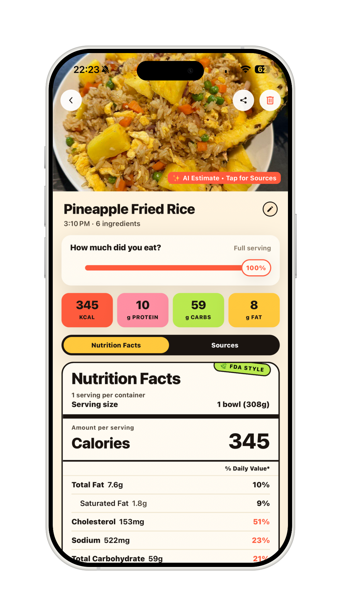 NutriCamp Pineapple Fried Rice scan result