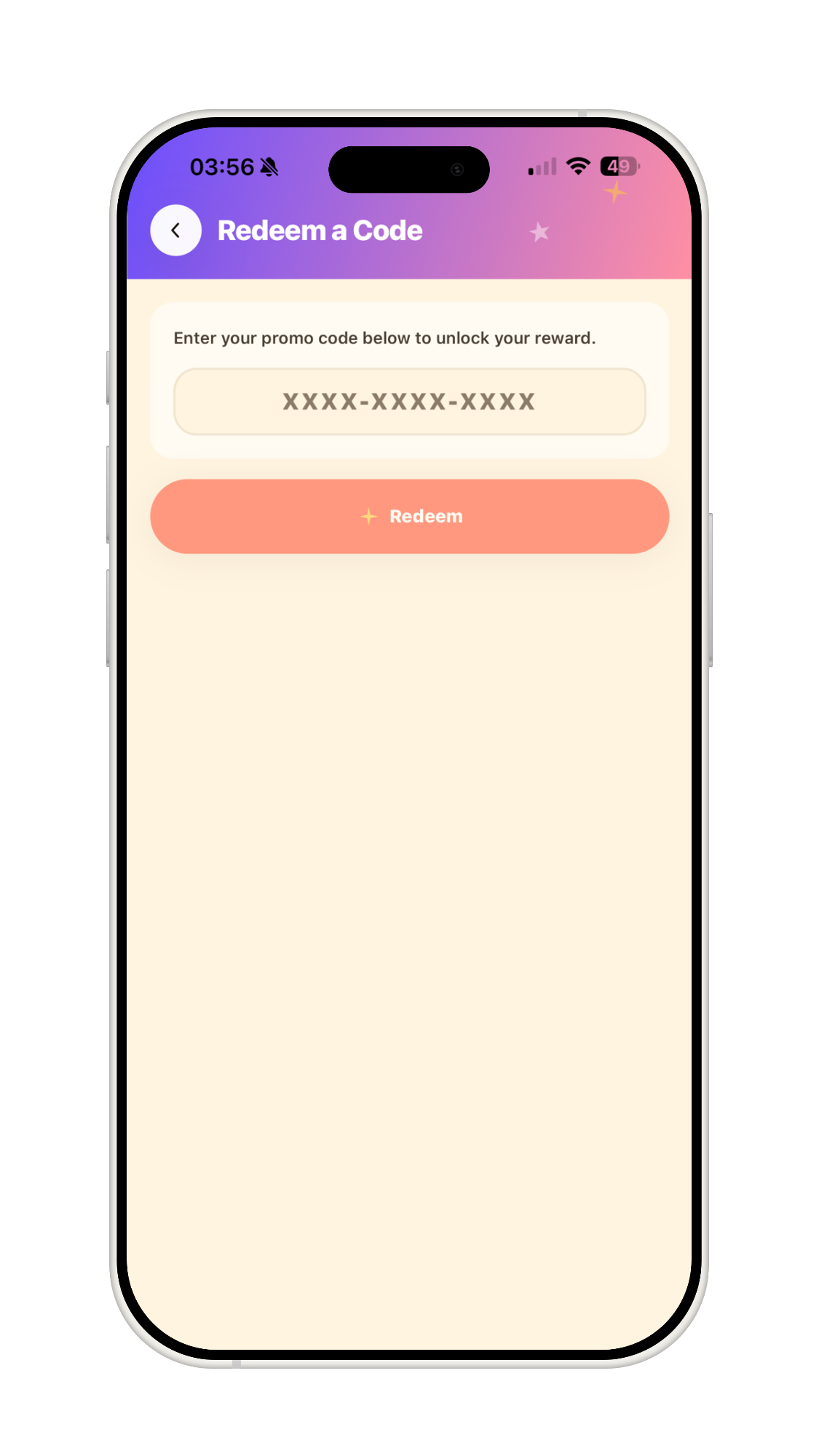 Redeem a Code screen with the code field and Redeem button