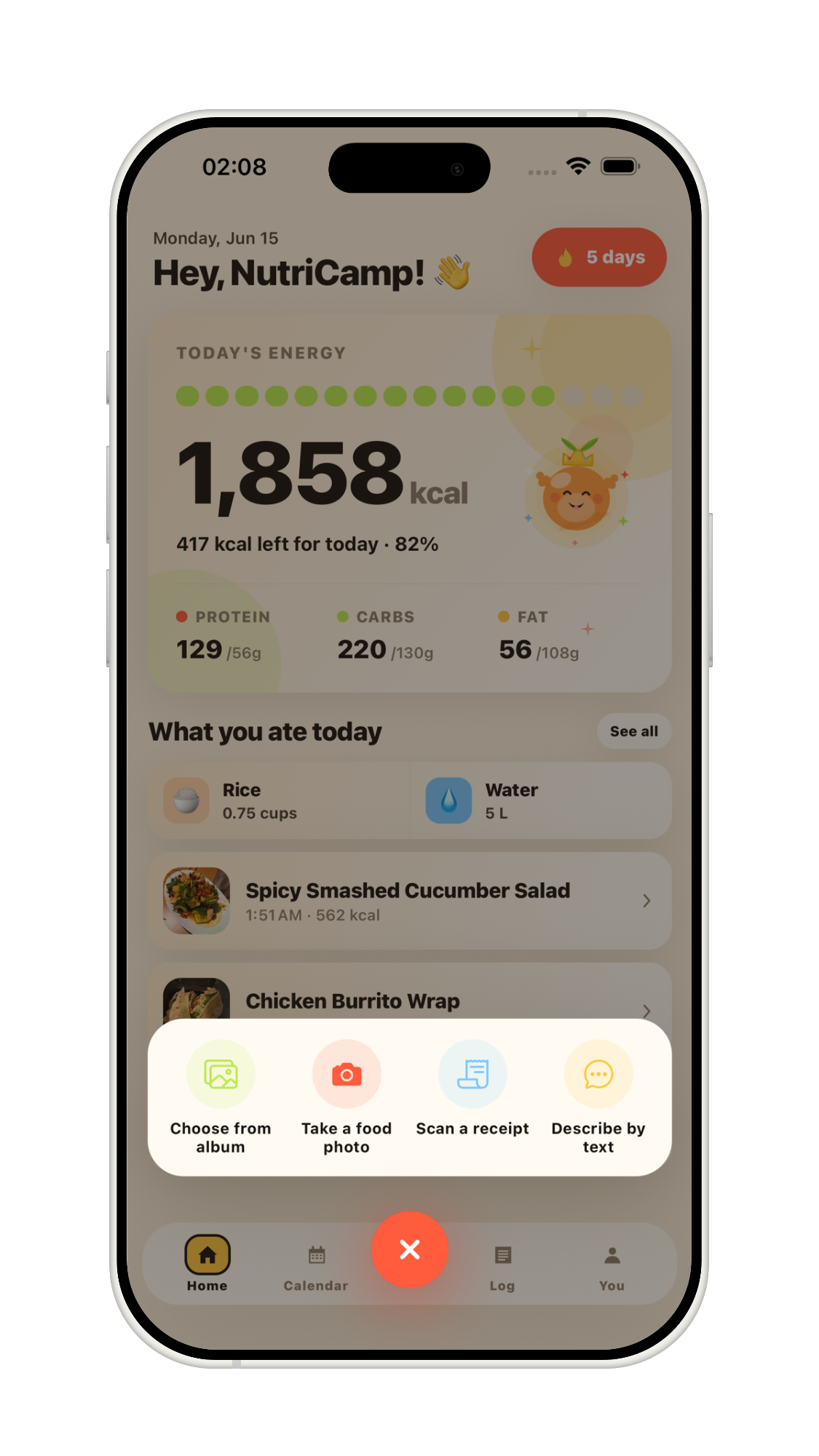NutriCamp meal logging options