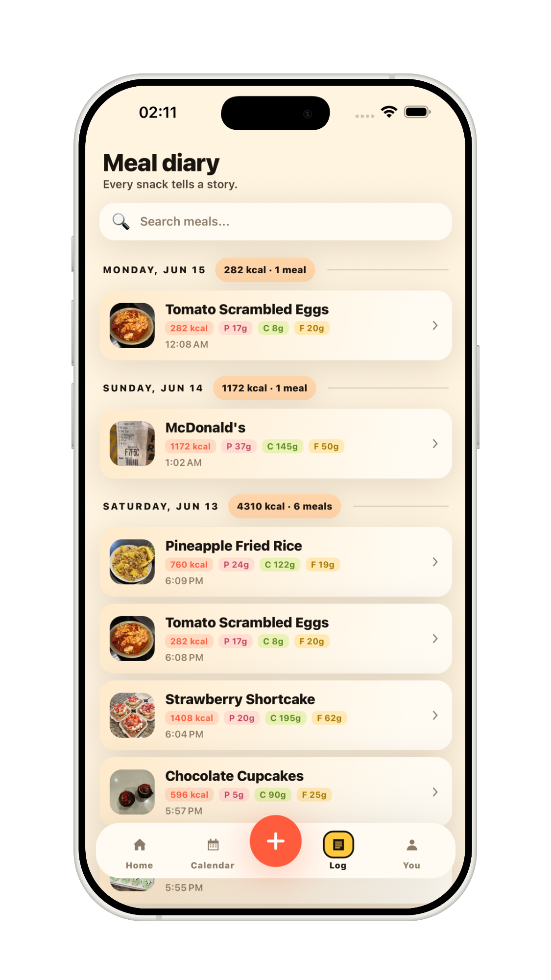 NutriCamp meal diary list