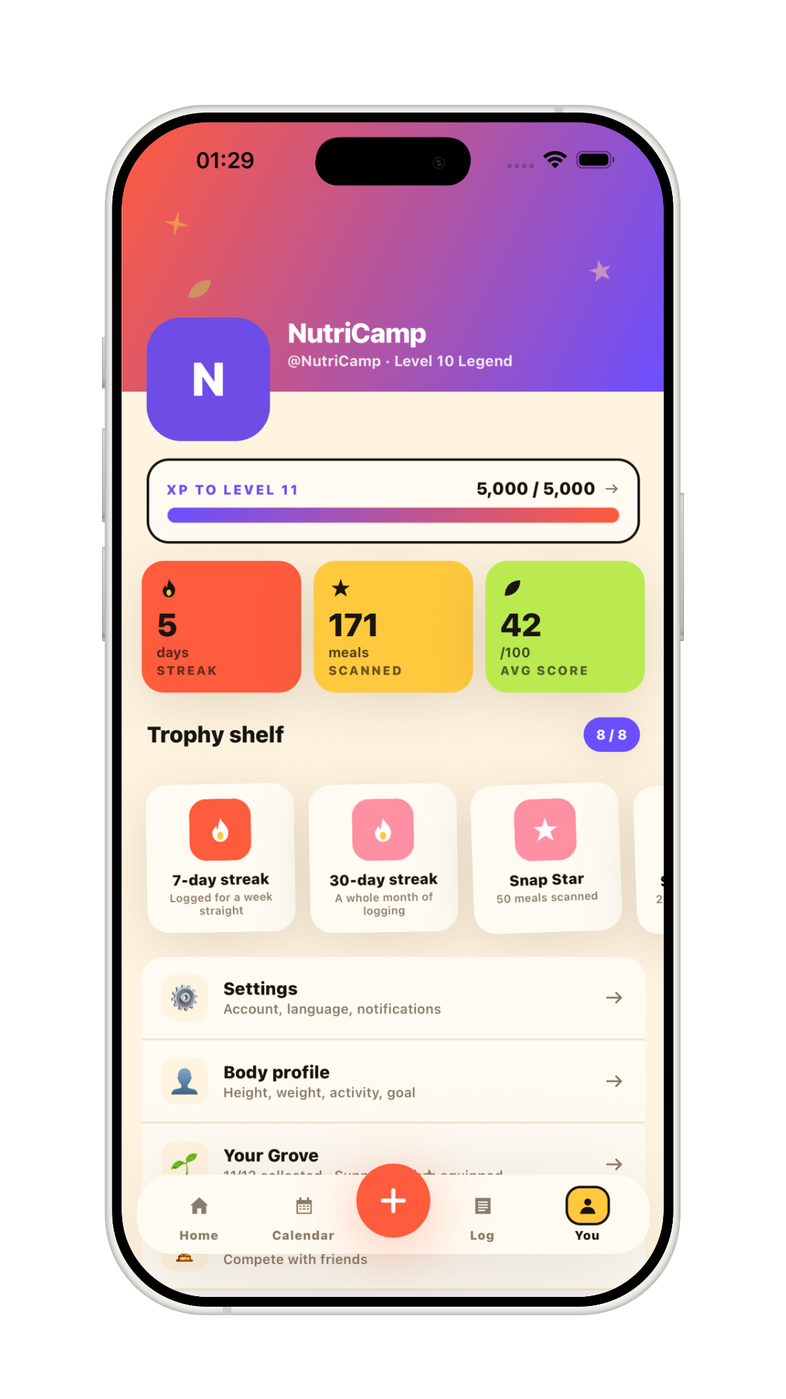 NutriCamp profile page with XP and trophies