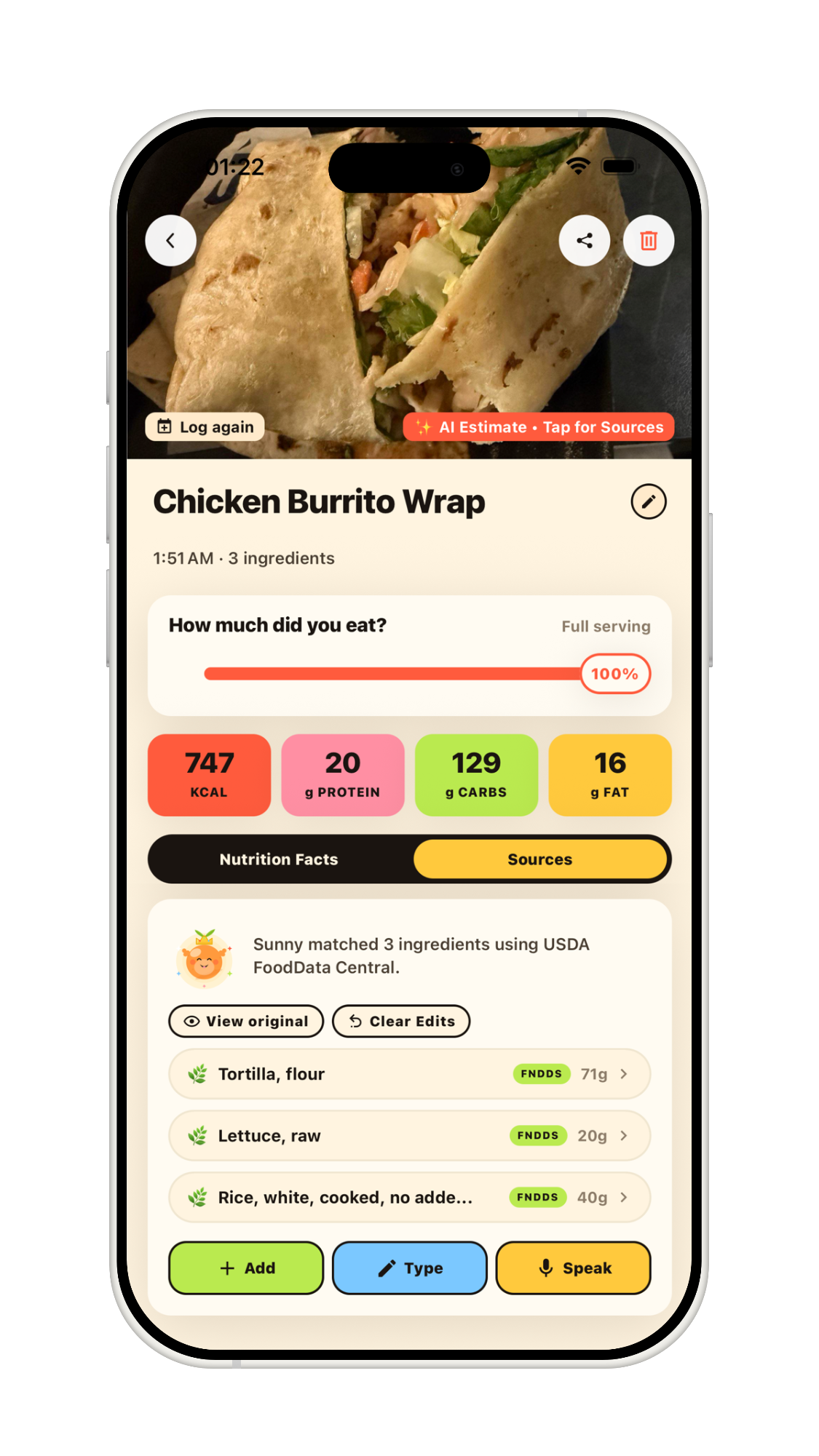 NutriCamp Chicken Burrito Wrap scan result with ingredient sources