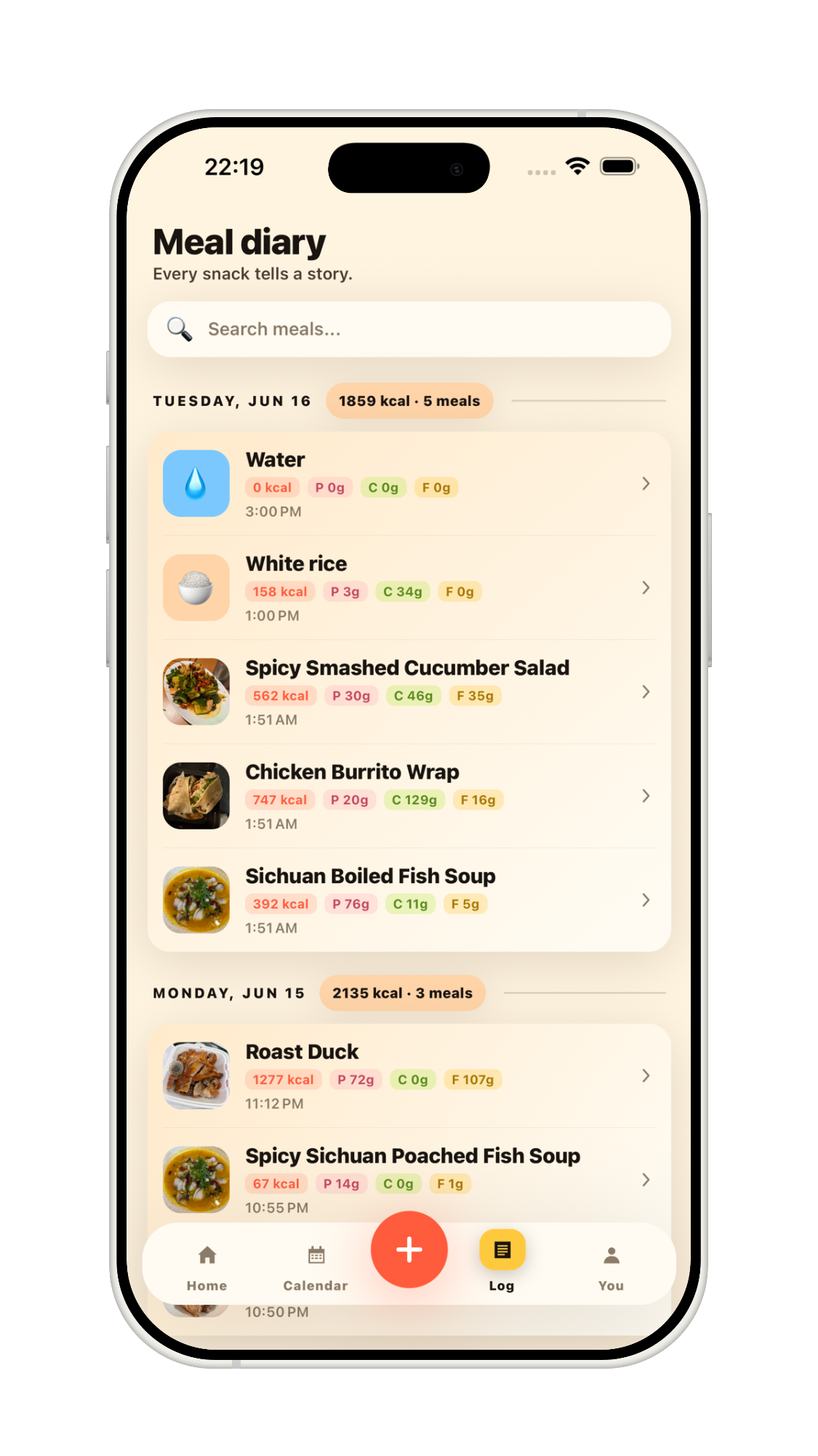 NutriCamp meal diary list