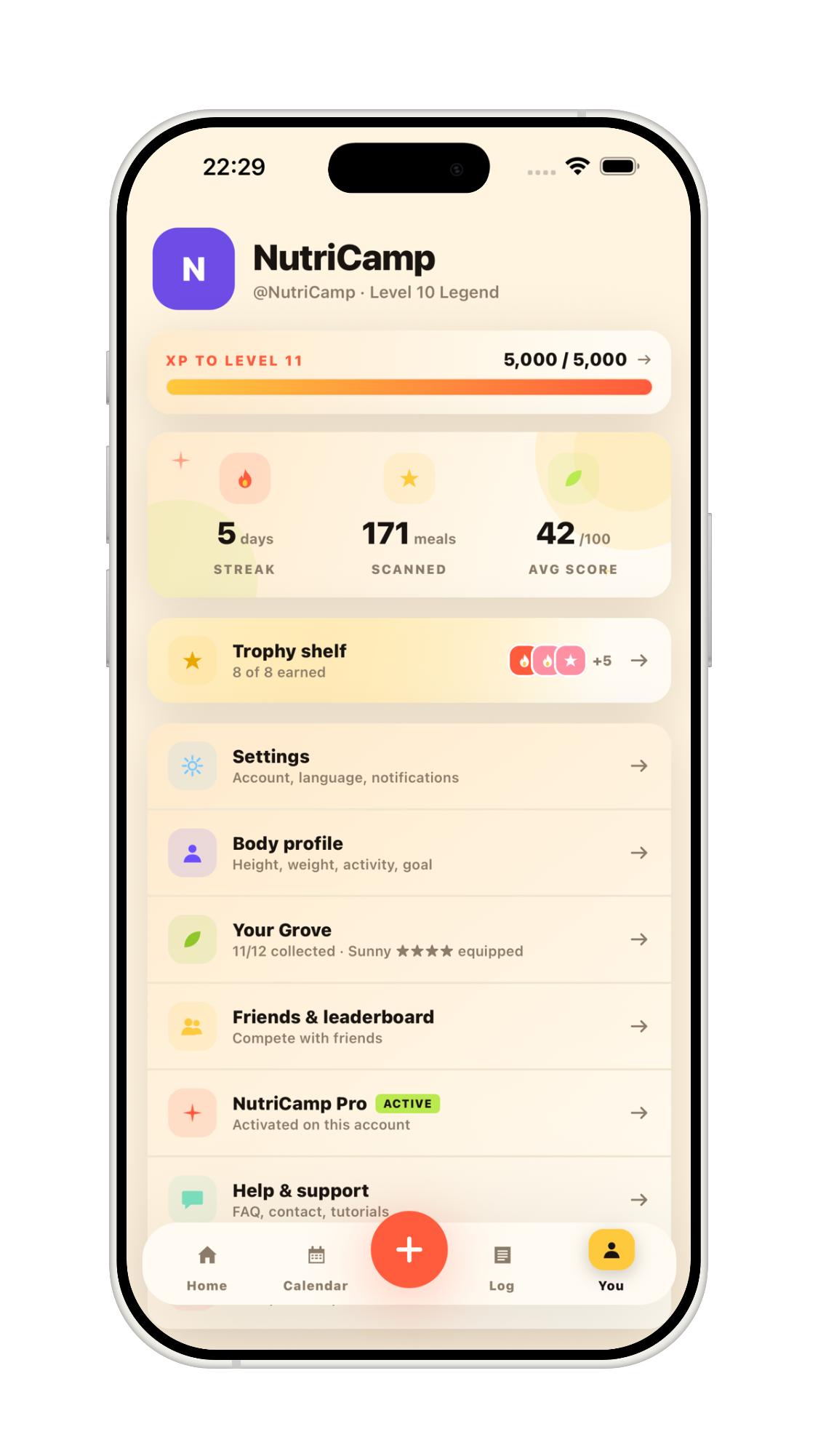 NutriCamp profile page with XP and trophies