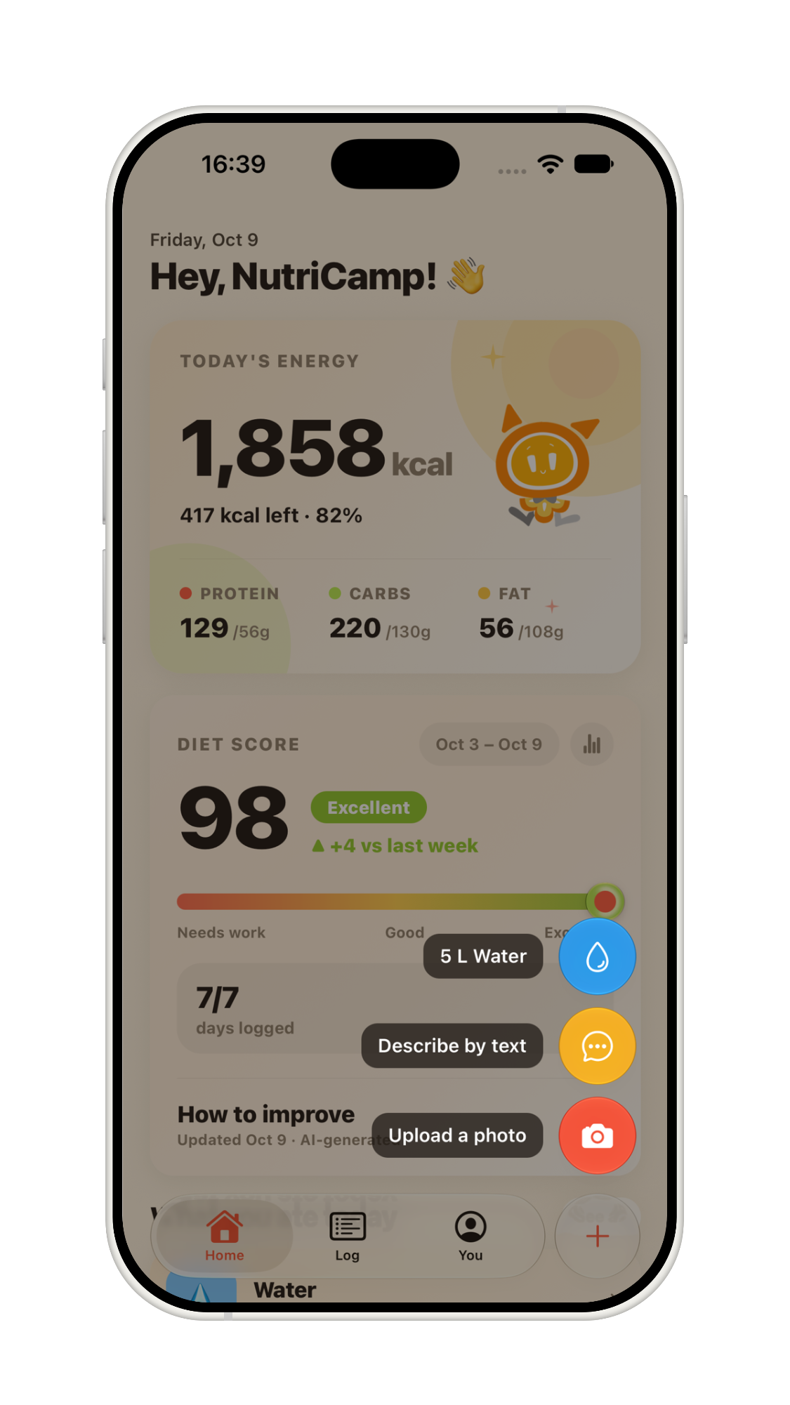 NutriCamp meal logging options