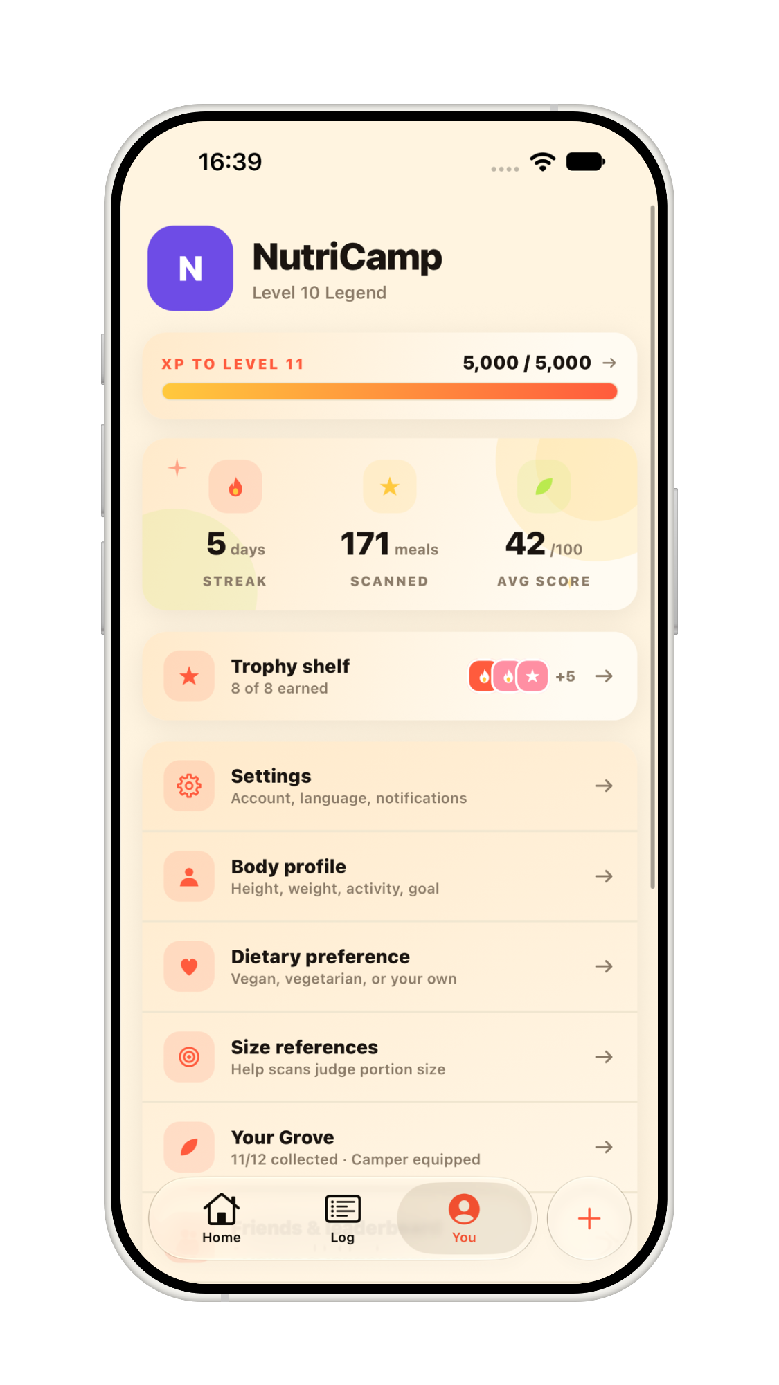NutriCamp profile page with XP and trophies