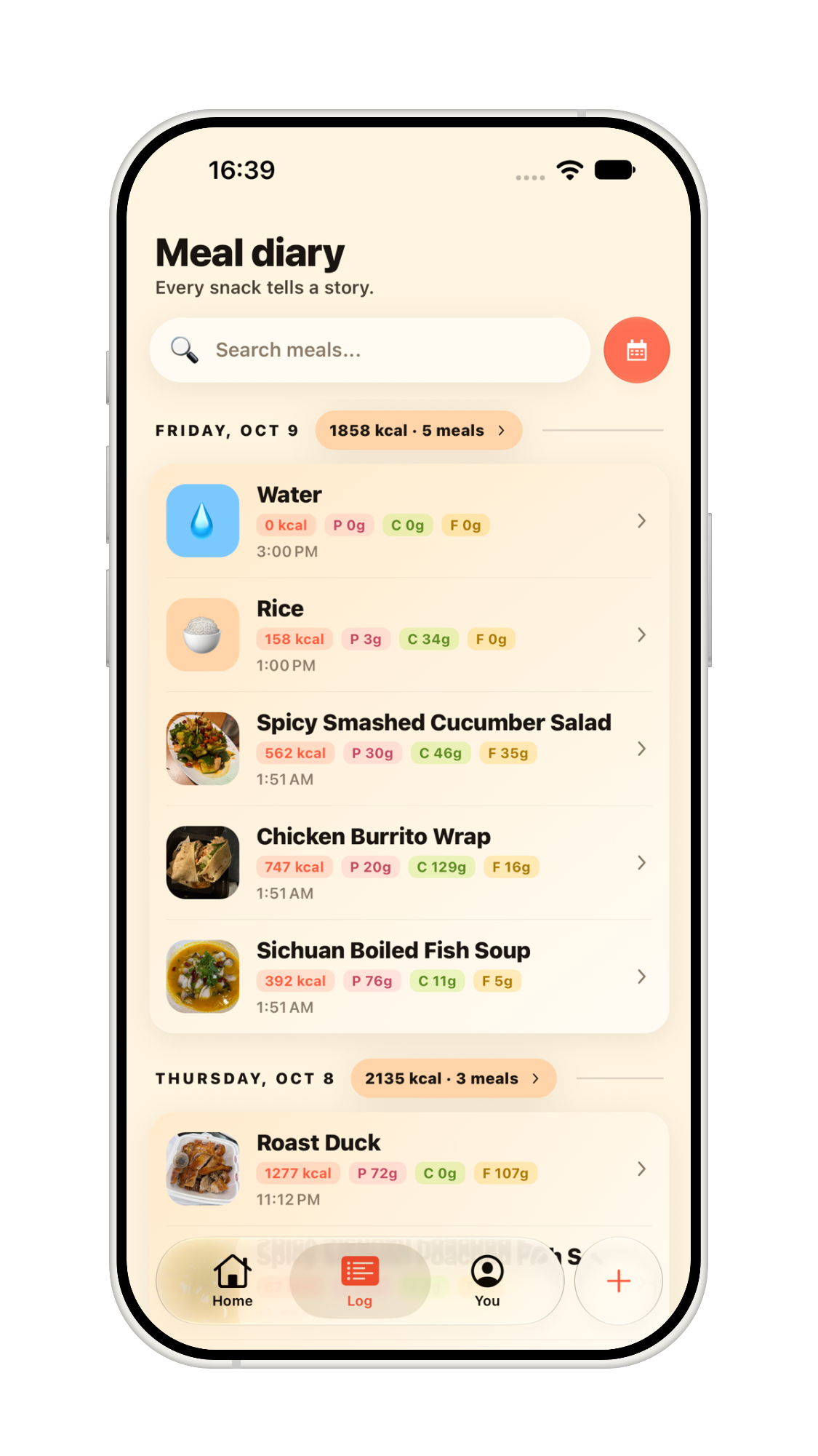 NutriCamp meal diary list
