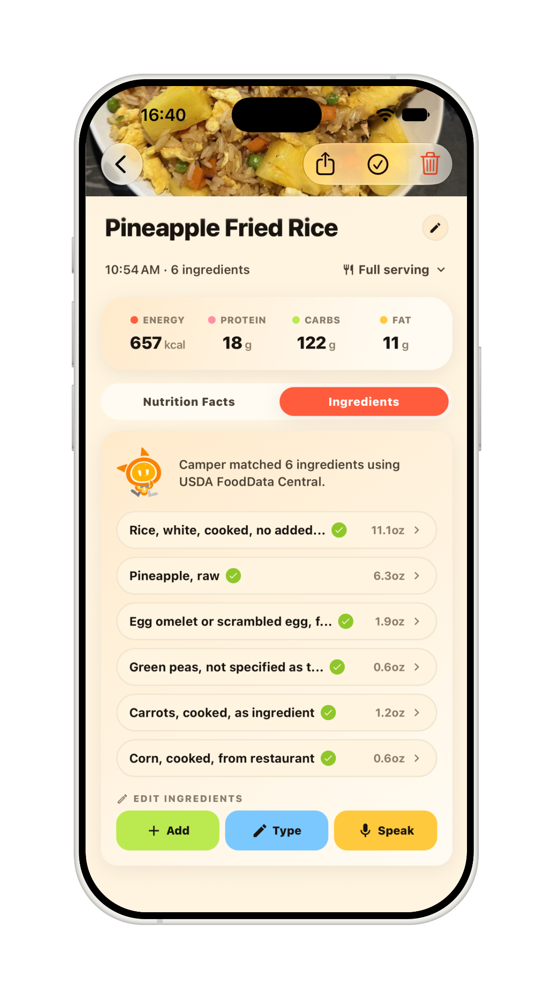 NutriCamp scan result with USDA-matched ingredients