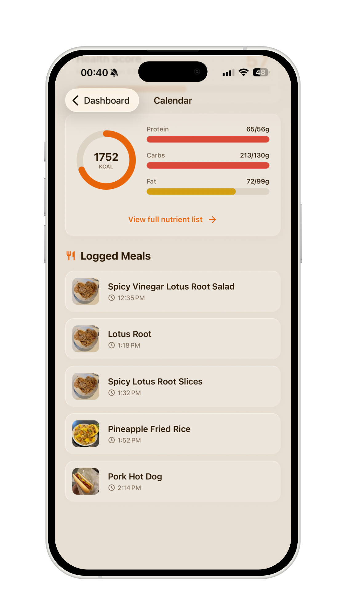 NutriScan daily logged meals with macro breakdown