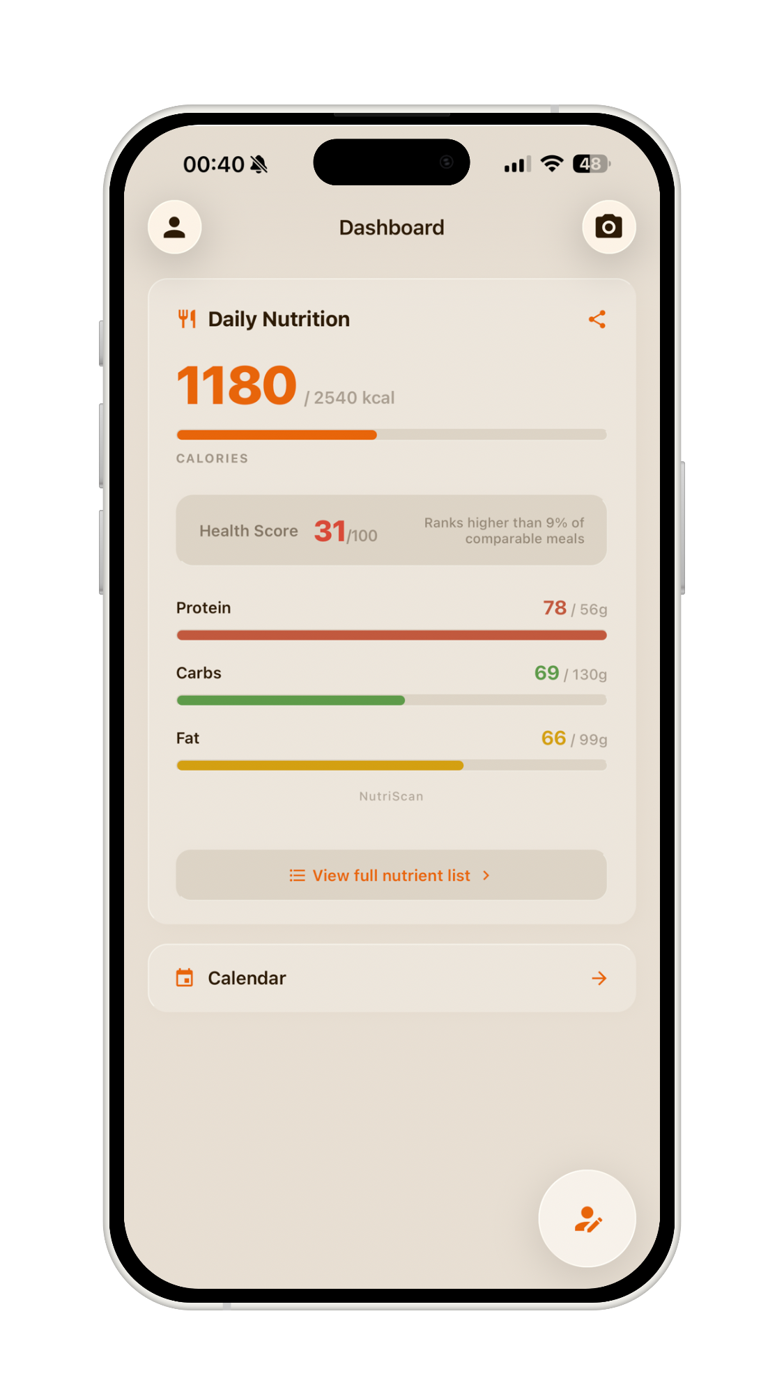 NutriScan Daily Dashboard showing calories, health score, and macros