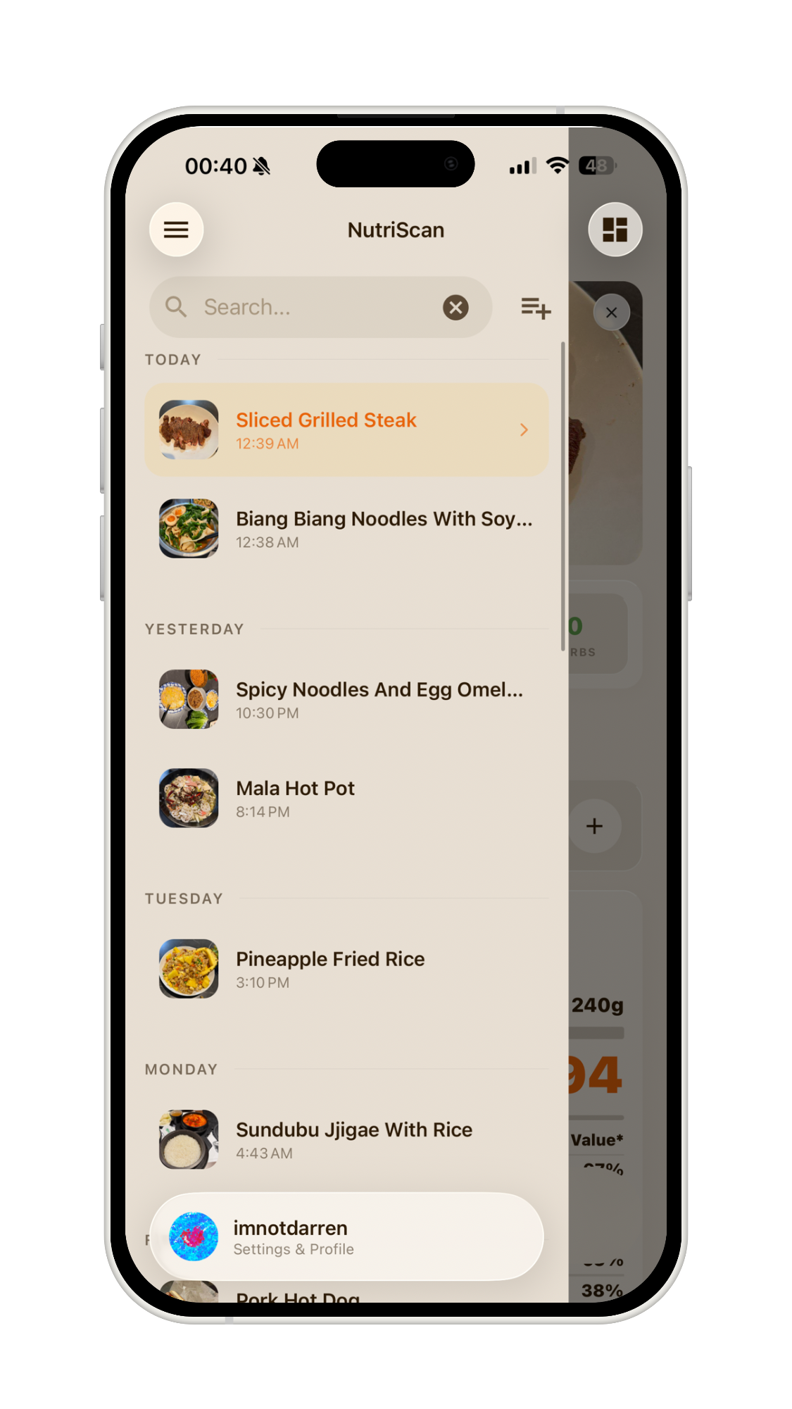 NutriScan meal history with search