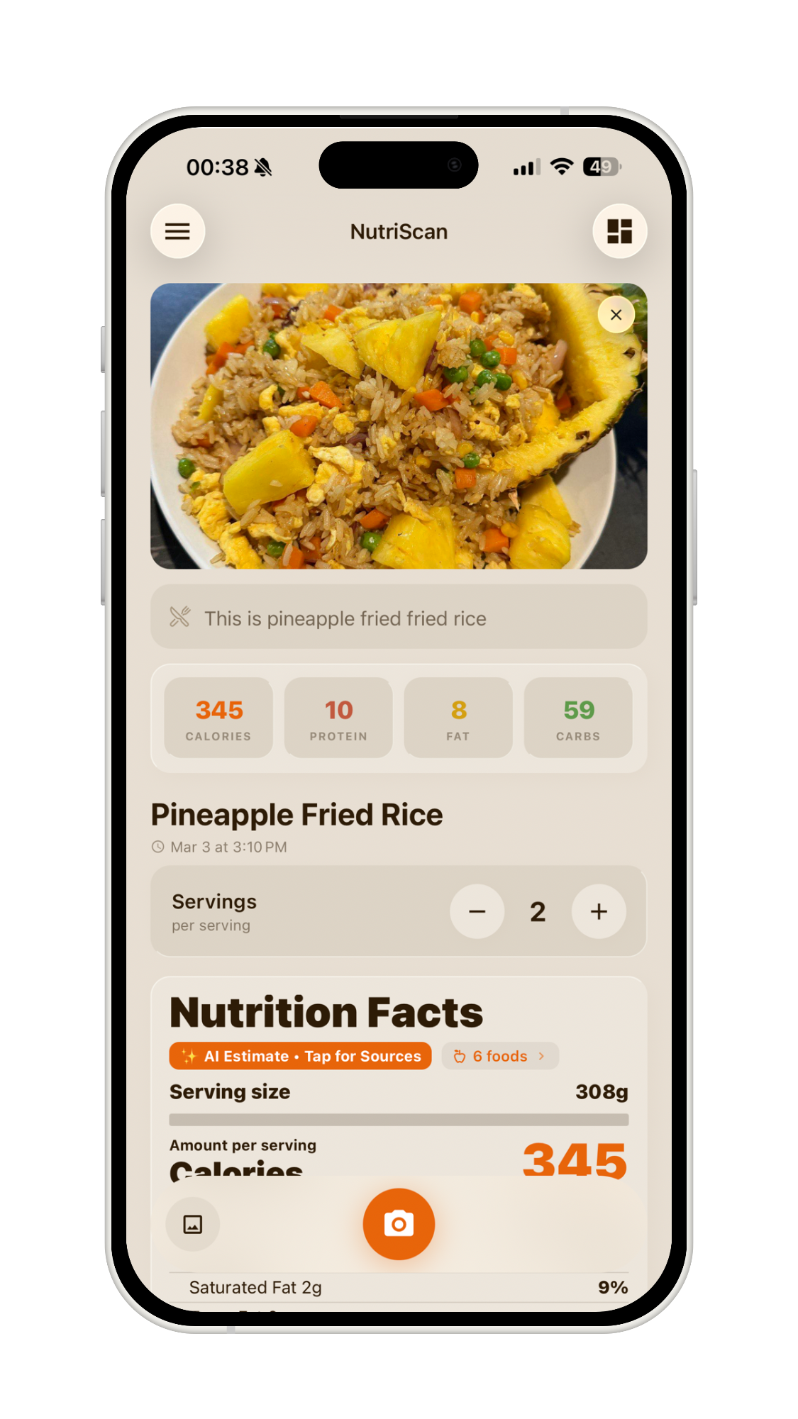NutriScan scan results for Pineapple Fried Rice