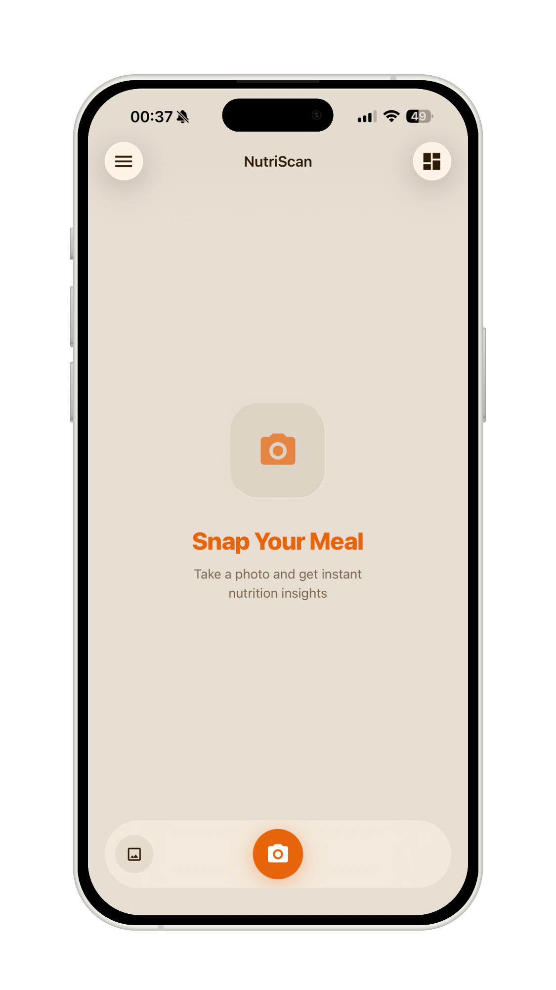 NutriScan home screen with Snap Your Meal prompt