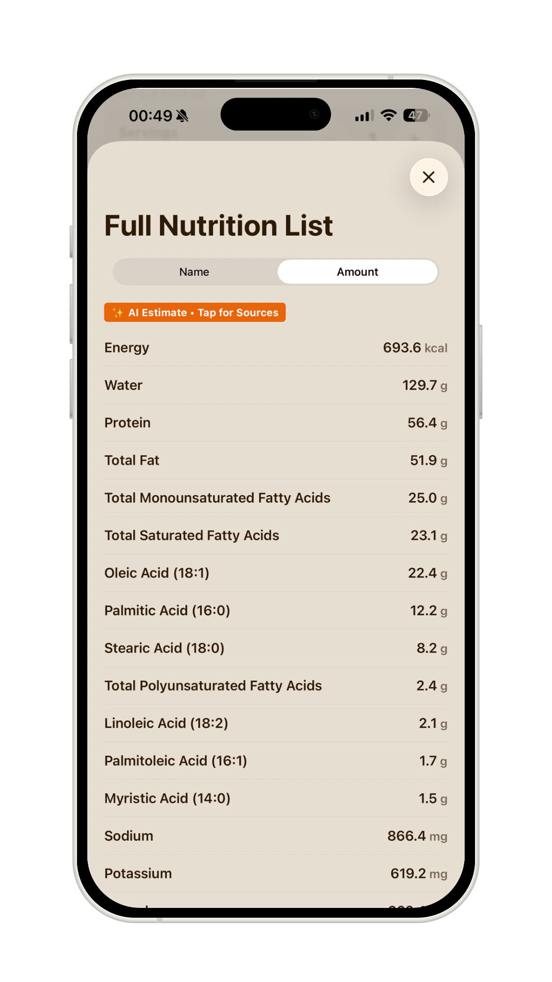 Full Nutrition List showing detailed nutrients in NutriScan